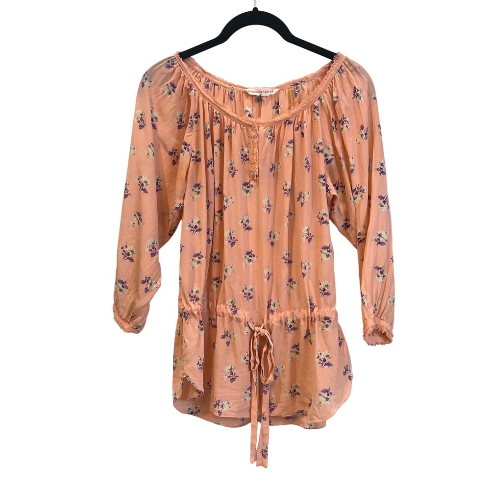 Rebecca Taylor Peach Floral 100% Silk Peplum Blouse Top Size 4 Boho‎ Fringe Trim